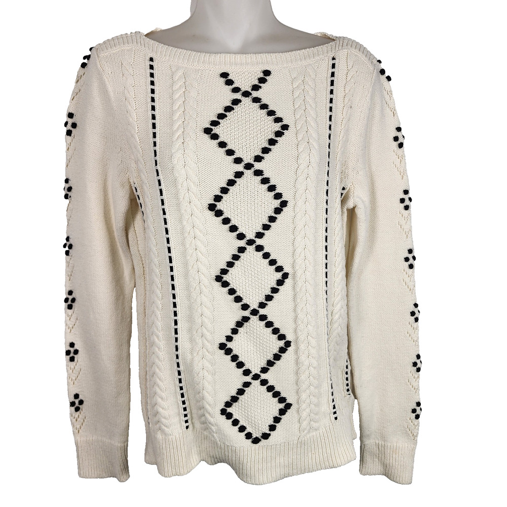 Talbots Womans Pullover Sweater Cream Cable Knit Black Velvet Ribbon Argyle M